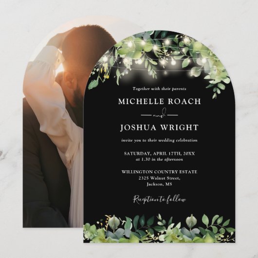 Greenery Lights Arch Zwart-wit Fotobruiloft Kaart (Voorkant / Achterkant)