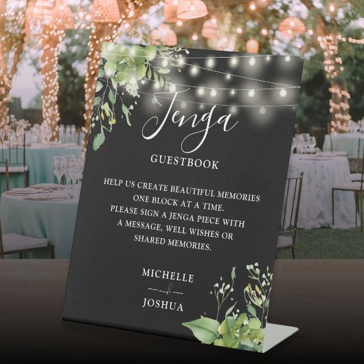 Greenery Lights Black Jenga Wedding Guestbook Reclamebord Met Voetstuk