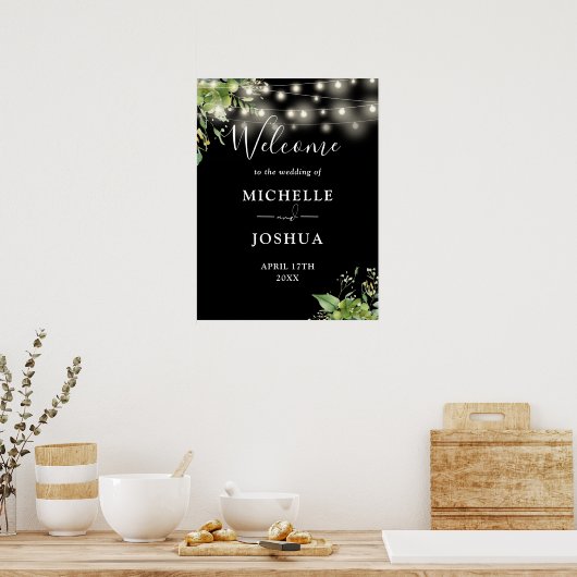 Greenery Lights Black Wedding Welkom Teken Poster (Keuken)