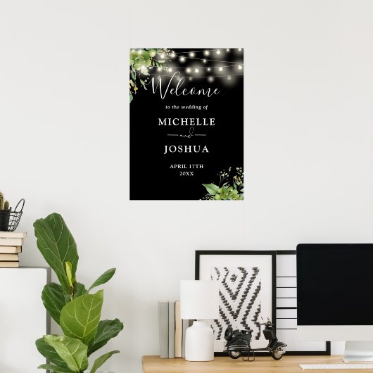 Greenery Lights Black Wedding Welkom Teken Poster (Thuiskantoor)