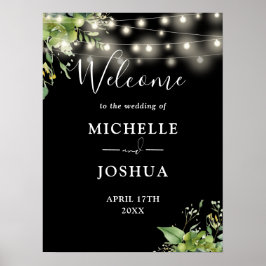 Greenery Lights Black Wedding Welkom Teken Poster