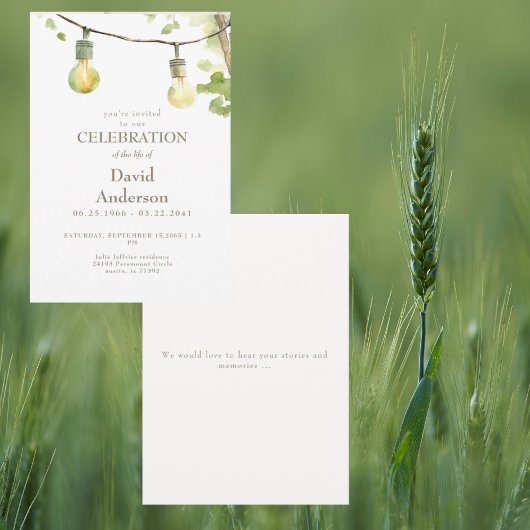 Greenery & Lights Celebration of Life Invitation Kaart