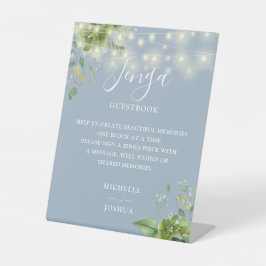 Greenery Lights Dusty Blue Jenga Wedding Guestbook Reclamebord Met Voetstuk