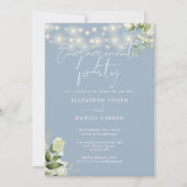 Greenery Lights Dusty Blue Photo Engagement Party Kaart (Voorkant)