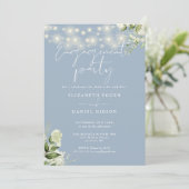 Greenery Lights Dusty Blue Photo Engagement Party Kaart (Staand voorkant)
