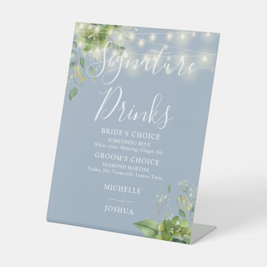 Greenery Lights Dusty Blue Signature Drinken Reclamebord Met Voetstuk (Voorkant)