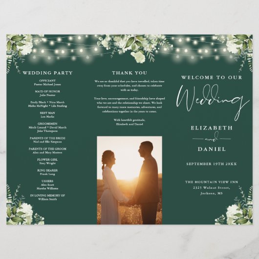 Greenery Lights Emerald Trifold Wedding Program Flyer (Voorkant)