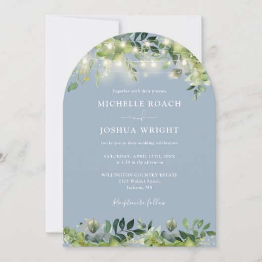 Greenery Lights Monogram Dusty Blue Wedding Kaart (Voorkant)