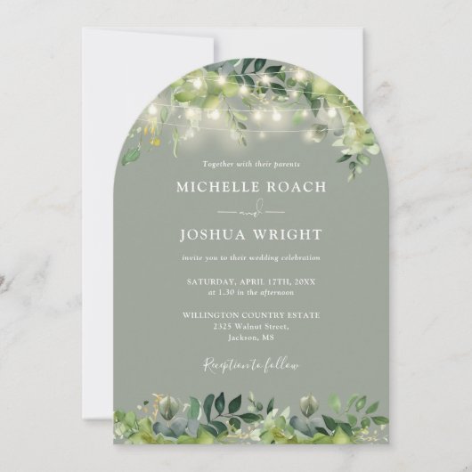 Greenery Lights Monogram Sage Green Wedding Kaart (Voorkant)