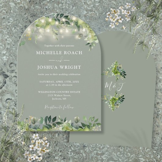 Greenery Lights Monogram Sage Green Wedding Kaart