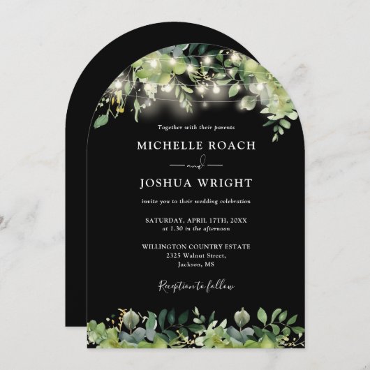 Greenery Lights Monogram Zwart-wit bruiloft Kaart (Voorkant / Achterkant)