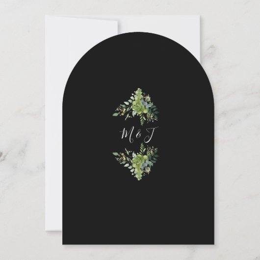 Greenery Lights Monogram Zwart-wit bruiloft Kaart (Achterkant)