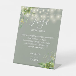 Greenery Lights Sage Green Jenga Wedding Guestbook Reclamebord Met Voetstuk