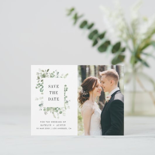 Greenery lijst belettering bruiloft save the date briefkaart (Staand voorkant)