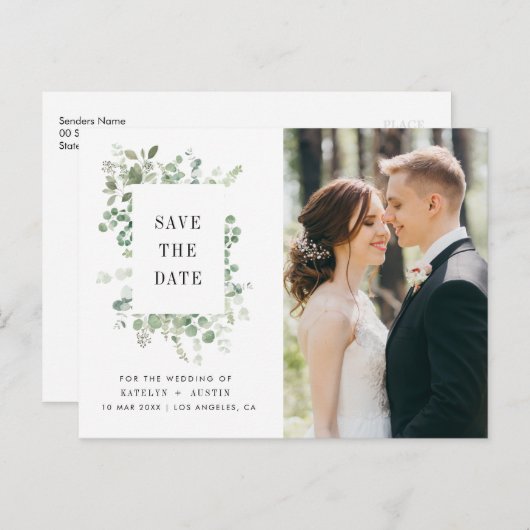 Greenery lijst belettering bruiloft save the date briefkaart (Voorkant / Achterkant)