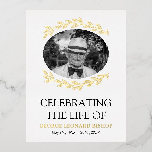 Greenery Lijst Oval Foto Funeral Gold Folie Uitnodiging Briefkaart (Voorkant)