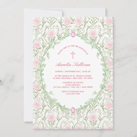 Greenery Lijst Pink Roses doopuitnodiging Kaart (Voorkant)