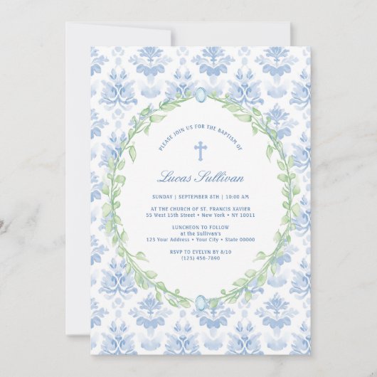 Greenery Lijst Wit Blauw Doopsel Kaart (Voorkant)
