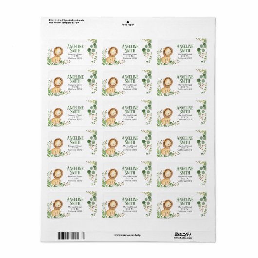 Greenery Lion Baby shower Adres label (Full Sheet)