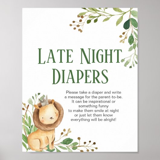 Greenery Lion Baby shower Night Diapers Sign Poster (Voorkant)