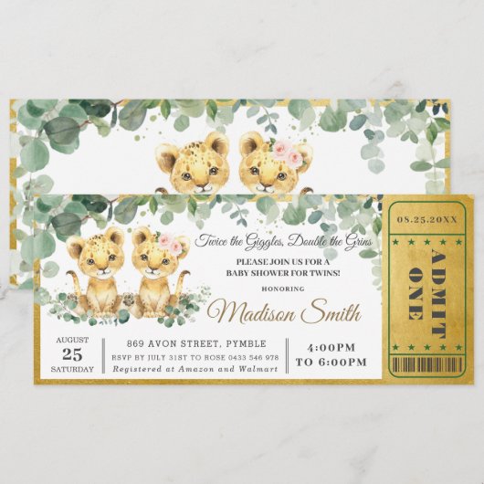 Greenery Lion Twins Boy Girl Baby shower Ticket Kaart (Voorkant / Achterkant)