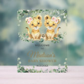 Greenery Lions Twin Girls Baby Shower Welcome Acryl Bord (Neutraal)