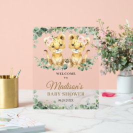 Greenery Lions Twin Girls Baby Shower Welcome Acryl Bord