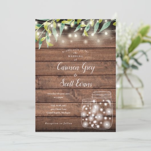 Greenery Mason Jar String Lights Wood Weddenschap Kaart (Staand voorkant)