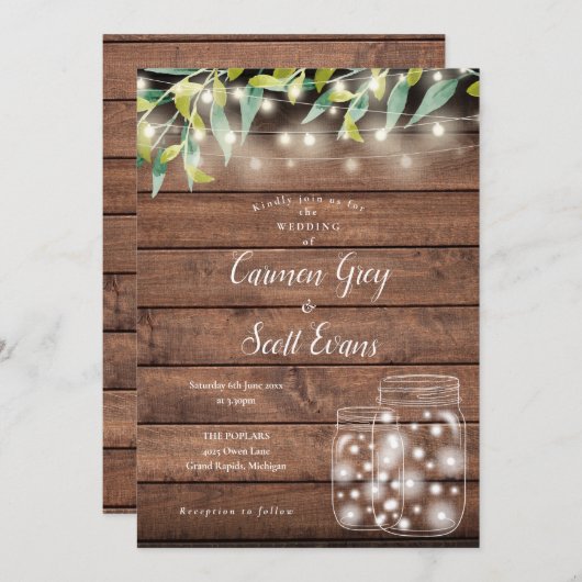 Greenery Mason Jar String Lights Wood Weddenschap Kaart (Voorkant / Achterkant)