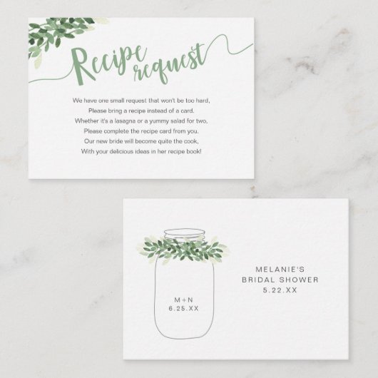 Greenery Mason Jar Vrijgezellenfeest Recipe Reques Informatiekaartje (Voorkant / Achterkant)
