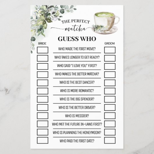 Greenery Matcha Guess Who Bridal Shower Game Card Flyer (Voorkant)