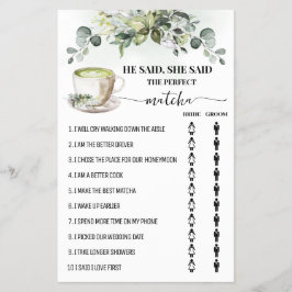 Greenery Matcha He Said She Said Shower Game Card Flyer
