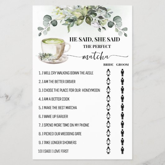 Greenery Matcha He Said She Said Shower Game Card Flyer (Voorkant)