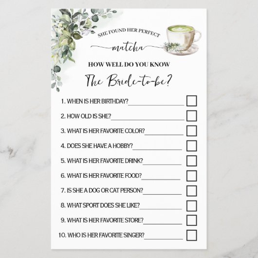 Greenery Matcha How Well Do You Know Her Game Card Flyer (Voorkant)