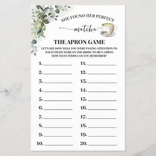 Greenery Matcha The Apron Bridal Shower Game Card Flyer (Voorkant)