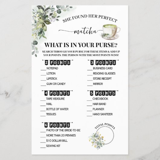 Greenery Matcha What is in Purse Shower Game Card Flyer (Voorkant)