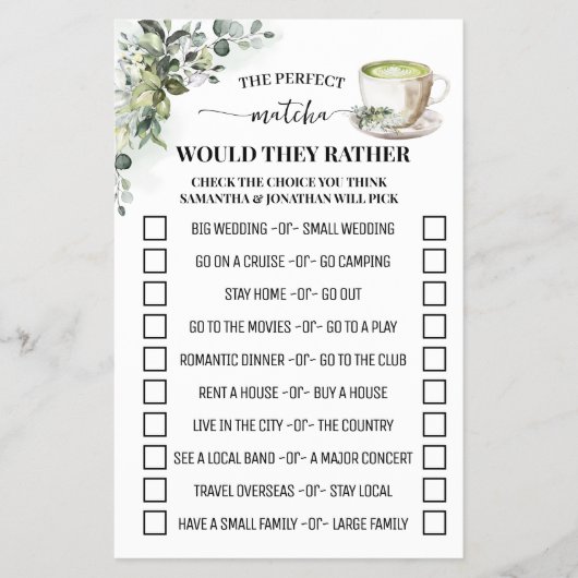 Greenery Matcha Would They Rather Shower Game Card Flyer (Voorkant)