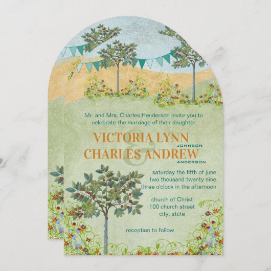 Greenery Meadow Bunting Wedding Invitations Kaart (Voorkant / Achterkant)