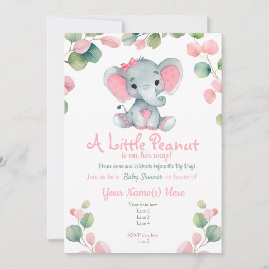 Greenery Meisje Olifant Baby shower uitnodiging (Voorkant)