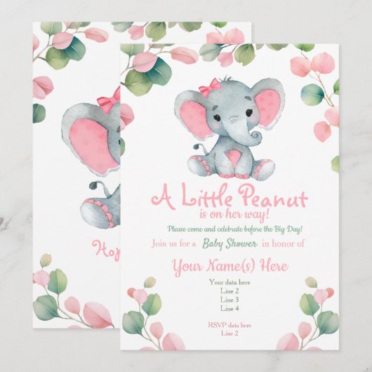 Greenery Meisje Olifant Baby shower uitnodiging (Voorkant / Achterkant)