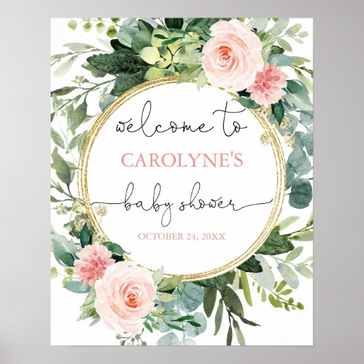 Greenery meisje roze baby shower welkomstbord poster (Voorkant)