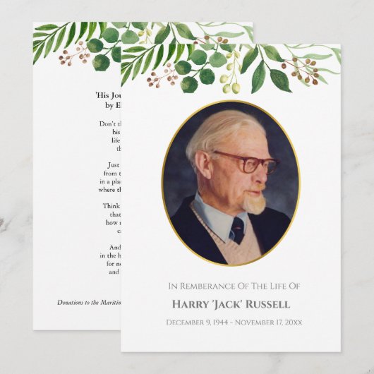 Greenery memorial-fotokaart, gele gouden grens (Voorkant / Achterkant)