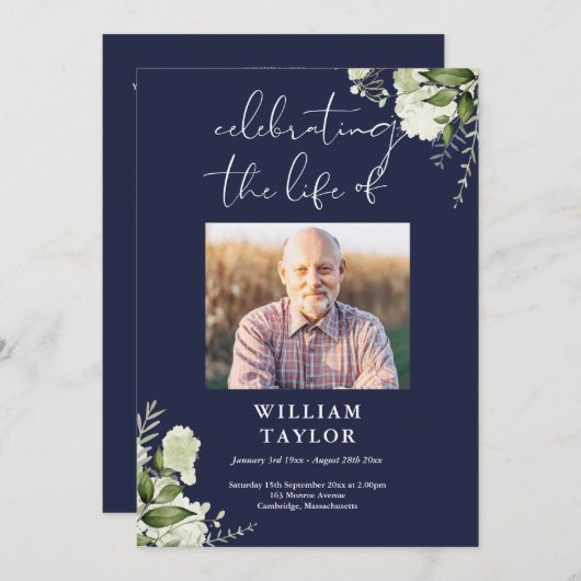 Greenery Memorial Funeral Navy Order Of Service  Programmakaart (Voorkant / Achterkant)
