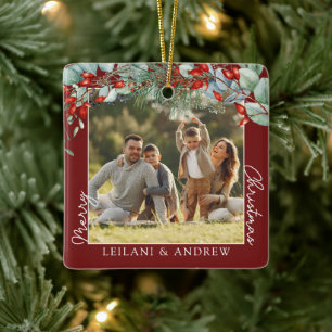 Greenery Merry kerstfoto Burgundy Keramisch Ornament