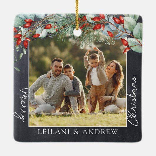 Greenery Merry-kerstfotobord Keramisch Ornament (Achterkant)