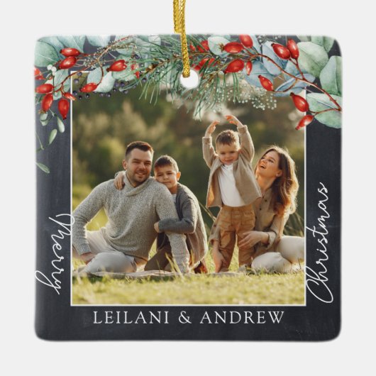 Greenery Merry-kerstfotobord Keramisch Ornament (Voorkant)