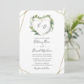 Greenery met Gold Geometric Heart Lijst Wedding Kaart (Staand voorkant)