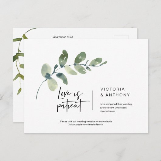 Greenery Minimal, Love is Patient, Wed Postponed Briefkaart (Voorkant / Achterkant)