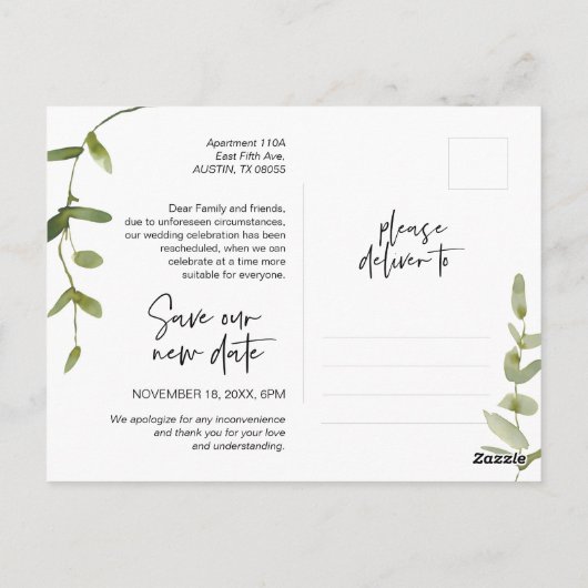 Greenery Minimal, Love is Patient, Wed Postponed Briefkaart (Achterkant)