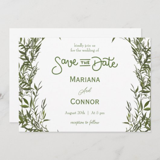 Greenery Minimal Save The Date Invitation Kaart (Voorkant / Achterkant)